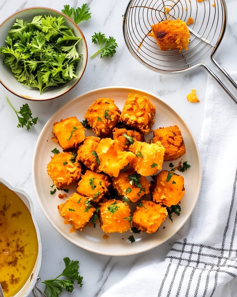 A white plate holds about a dozen small, round, crispy cheese balls with a crunchy golden-orange coating, some of which show melted cheese oozing out slightly. They are garnished with small pieces of fresh green parsley scattered on and around the cheese balls. The plate is set on a white marbled surface with a white towel with black stripes casually folded in the background and a metal strainer partly visible behind. photo taken with an iphone --ar 4:5 --v 7
