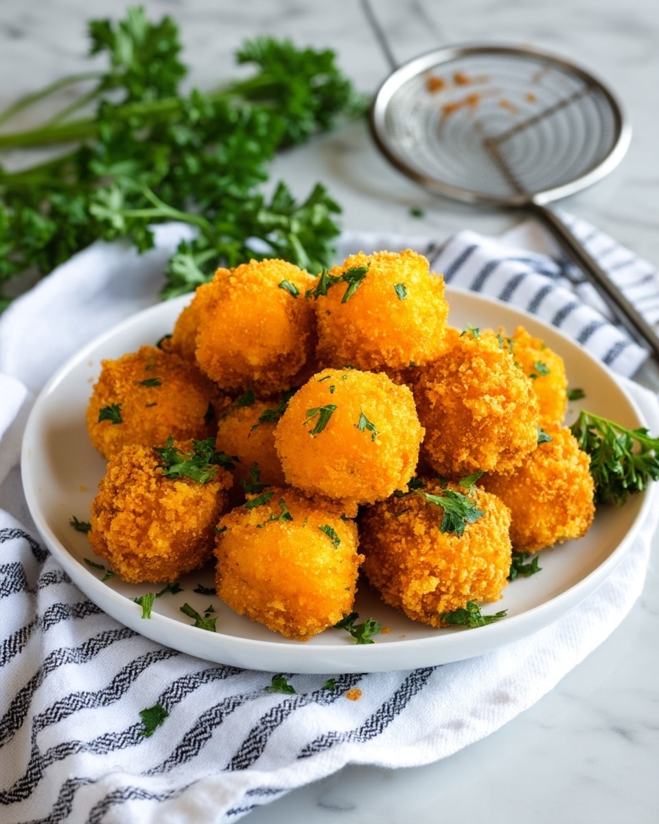 A white plate filled with about sixteen small, square-shaped, golden-orange crispy fried cheese bites, some topped with small bits of fresh green parsley. One cheese bite in the center is broken open, showing melted gooey bright yellow cheese inside. To the top right of the plate, a shiny metal skimmer holds one cheese bite, with some crumbs stuck on the skimmer. To the top left, a white bowl contains fresh bright green parsley leaves. A single parsley leaf lies on the white marbled surface near the bowl. The bottom left corner shows a part of a white pot filled with golden yellow hot oil. A white cloth with thin gray stripes is placed on the bottom right corner on the white marbled surface. Photo taken with an iphone --ar 4:5 --v 7