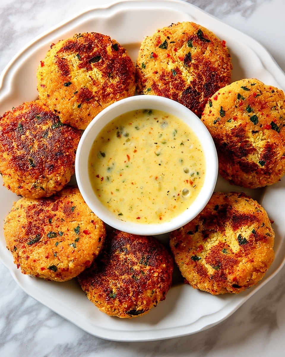 A round white plate holds six golden-brown patties with visible green and red herbs mixed in, arranged in a semi-circle. Each patty has a slightly crispy, textured surface with darker brown spots from cooking. In the center of the plate is a small white bowl filled with a thick, creamy, pale yellow sauce with small green herb bits mixed in, and a silver spoon resting inside the bowl. The plate sits on a white marbled texture surface. photo taken with an iphone --ar 4:5 --v 7