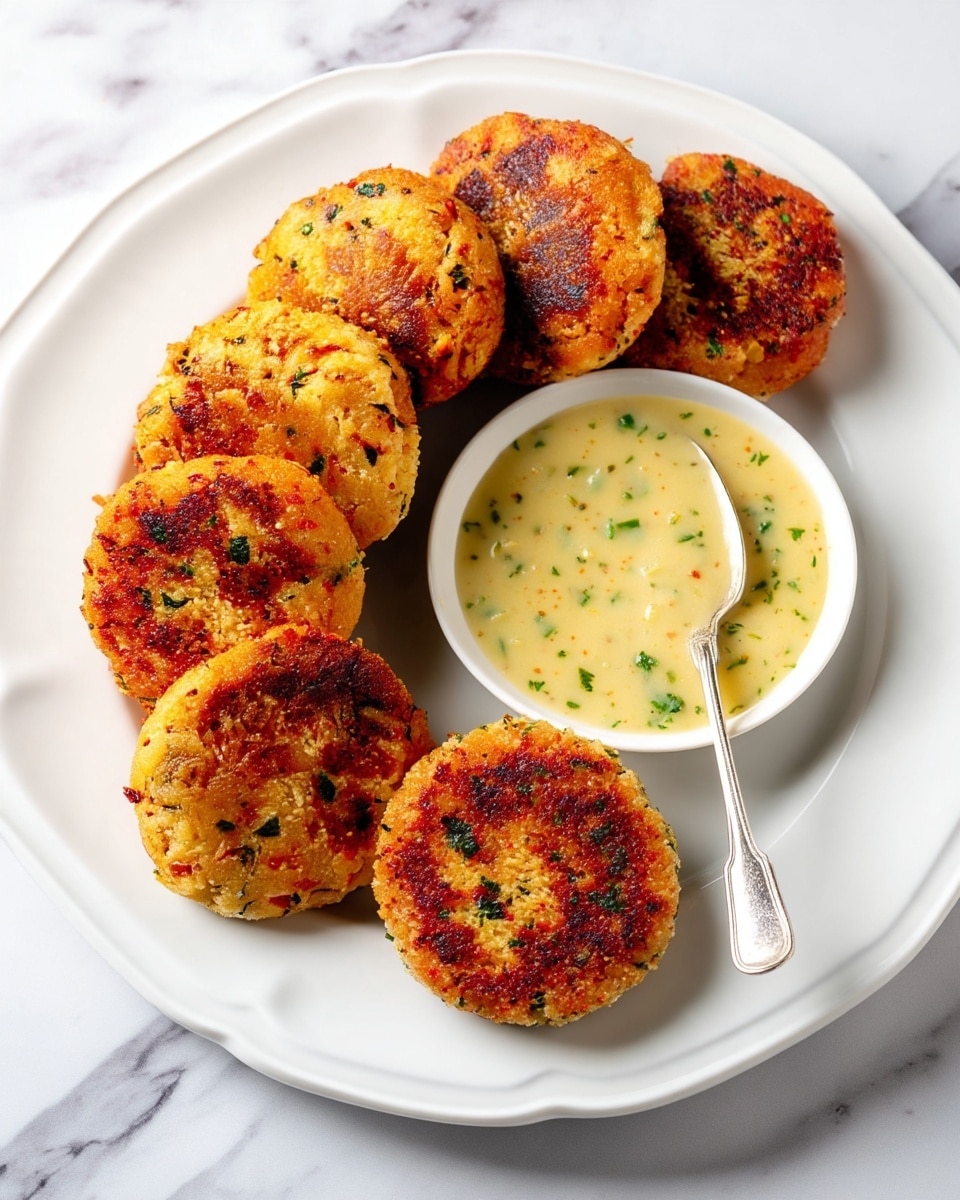 The image shows five golden-brown, round patties with a crispy, slightly uneven texture, flecked with green herbs and tiny red bits on a white plate. One patty is dipped into a small white bowl filled with creamy, pale yellow sauce that has a slightly chunky texture. The patties are arranged close together on the white marbled surface, and the lighting highlights their crunchiness and color contrast with the smooth sauce in the bowl. photo taken with an iphone --ar 4:5 --v 7