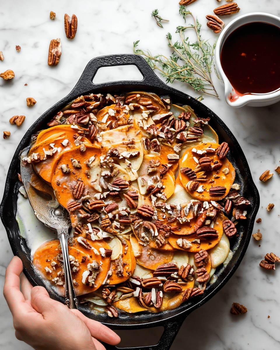 A black cast iron skillet filled with thinly sliced layers of creamy white and orange sweet potatoes arranged in overlapping circles, topped generously with chopped pecans scattered unevenly across the surface. The sweet potatoes show a soft, slightly cooked texture with some creamy sauce visible in the edges of the skillet. A detailed vintage silver serving spoon rests inside the skillet, partially submerged under the sweet potato layers. The skillet is placed on a white marbled surface with some loose pecans scattered around. Nearby, a white bowl filled with a dark red sauce and sprigs of green herbs add extras to the scene. Photo taken with an iphone --ar 4:5 --v 7