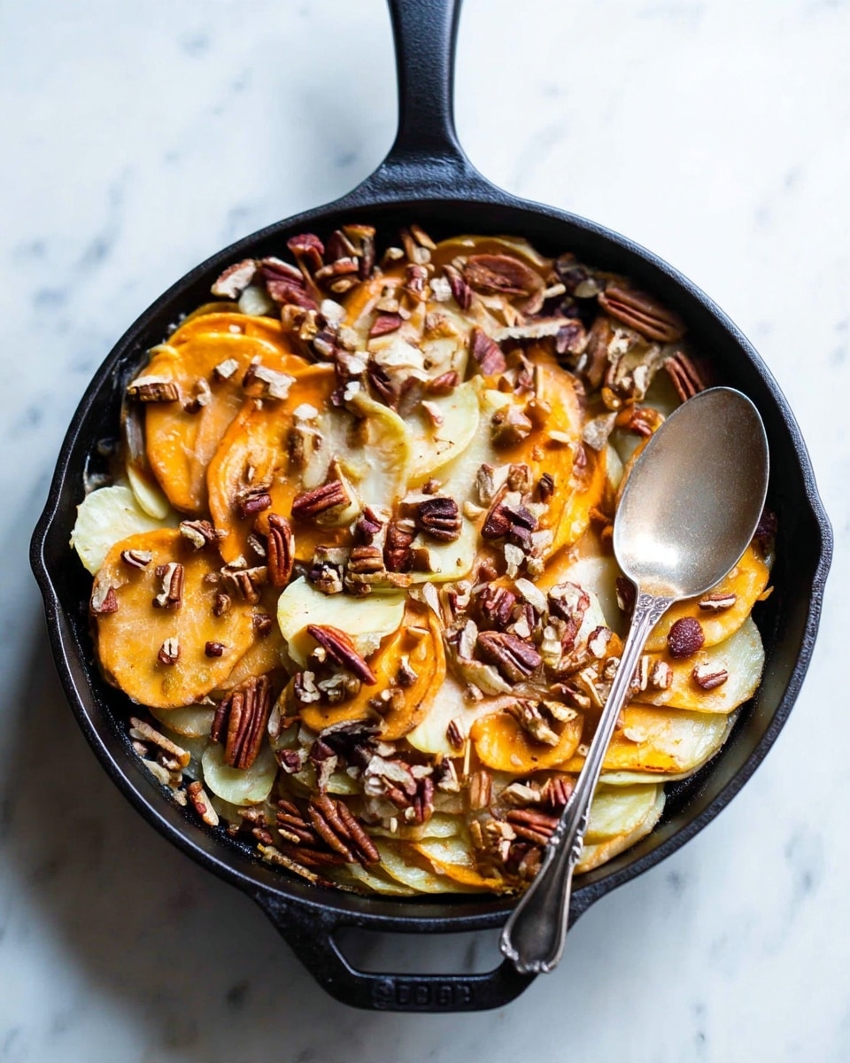 The image shows a black cast iron pan filled with a layered dish. The bottom layer consists of thinly sliced pale yellow and orange pieces, likely potatoes or sweet potatoes, arranged in overlapping circular layers. On top, there is a scattered layer of roughly chopped pecans, giving a rich brown texture contrasting with the soft colors beneath. A metallic spoon is placed inside the pan, resting on the food and the edge, adding a reflective silver detail. The pan is placed on a white marbled surface that provides a clean and bright background. Photo taken with an iphone --ar 4:5 --v 7