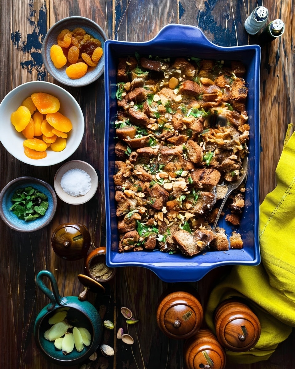 A deep blue ceramic baking dish holds a layered bread pudding with various chopped brown bread pieces mixed with green herbs and small bits of light-colored nuts, giving it a textured and crumbly look. The surface is uneven with visible toasted bread chunks and scattered green herb leaves on top. To the left of the dish are four small white bowls containing bright orange dried apricots, dark golden raisins, a heap of white coarse salt, and fresh green herb leaves. Below these bowls, there is a small dark ceramic pitcher with slices of pale yellow ginger, some pistachio nuts scattered beside it, and two wooden salt and pepper mills. A bright yellow napkin is partially visible on the right side of the image, all set on a dark weathered wooden table. A vintage silver spoon rests inside the baking dish. Photo taken with an iphone --ar 4:5 --v 7