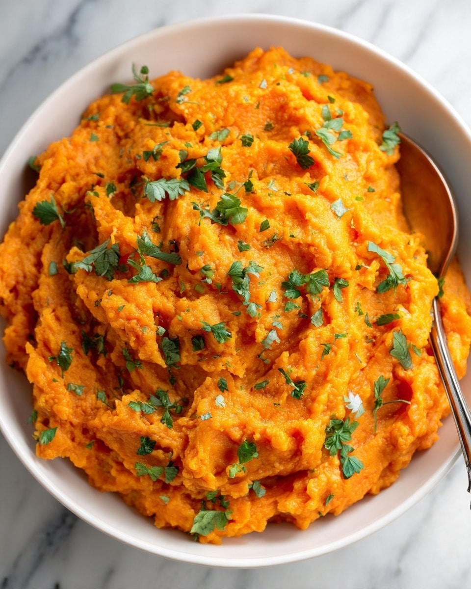 A close-up view of one thick layer of bright orange mashed sweet potatoes with a creamy and slightly chunky texture, topped with scattered small pieces of fresh green herbs, all inside a white bowl, with a silver spoon resting on the right edge, set against a white marbled texture background. photo taken with an iphone --ar 4:5 --v 7