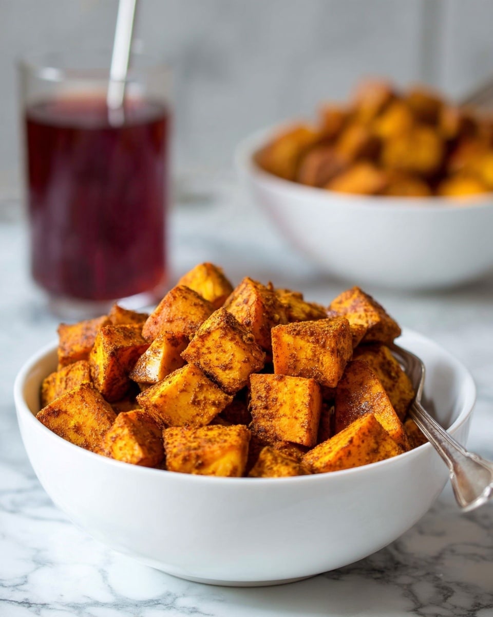The image shows a white bowl filled with cubed roasted sweet potatoes, each piece coated with a golden brown curry spice giving a slightly rough texture. The sweet potato cubes are piled high and appear soft with a crisp outside. A silver fork rests inside the bowl on the right side. In the blurred background, there is another white bowl with similar sweet potatoes and a dark reddish drink with a straw. The setup is placed on a white marbled surface. Photo taken with an iphone --ar 4:5 --v 7