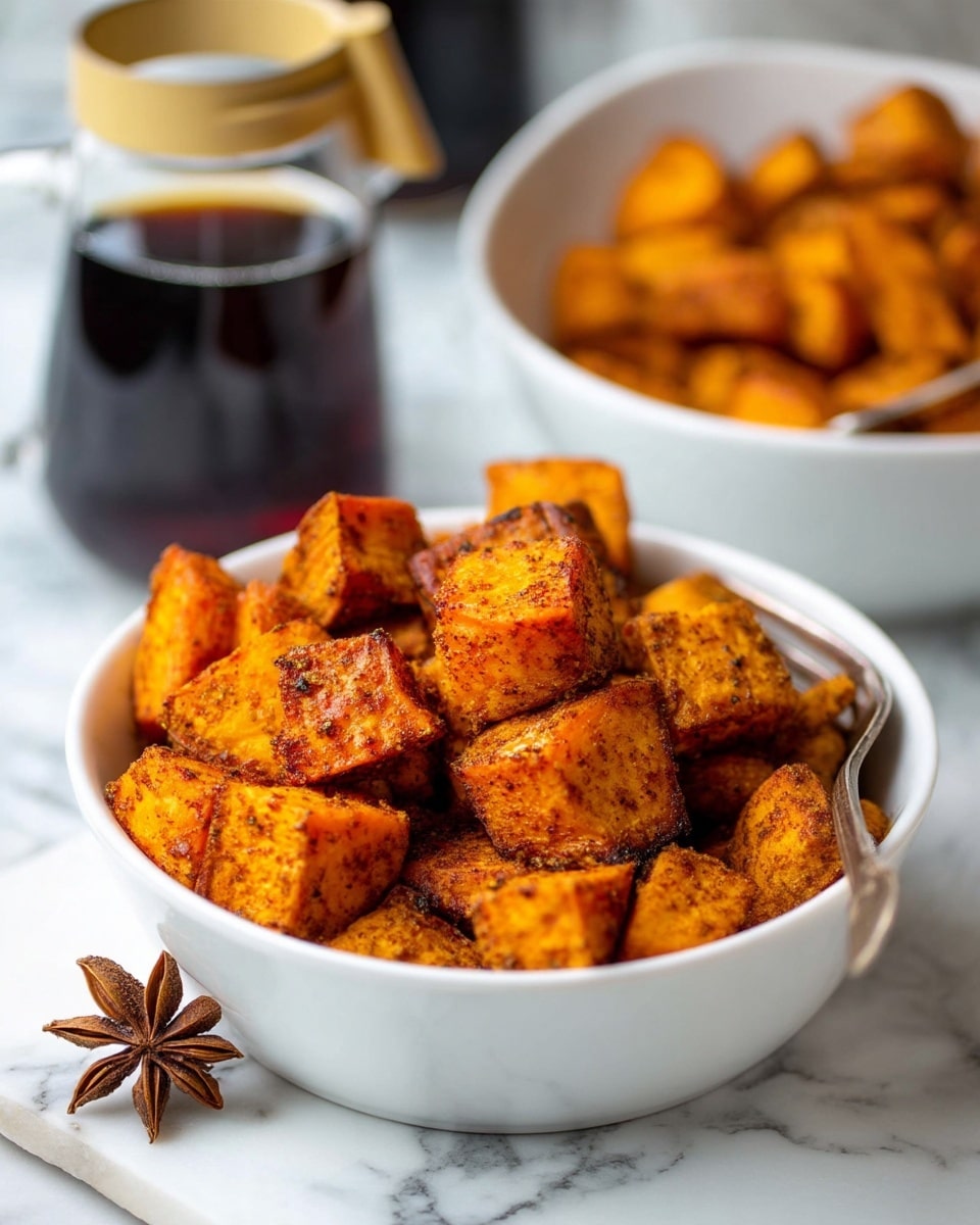 A white bowl filled with several golden-brown roasted sweet potato cubes, each piece coated evenly with a slightly rough texture of spices, giving them a warm, inviting look. The sweet potato cubes show hints of crispy edges and soft inside, piled softly inside the bowl. A silver fork rests inside the bowl, leaning on the right edge. In the background, another white bowl with more roasted sweet potatoes is slightly blurred, along with a glass jar of dark maple syrup and a star anise placed on the white marbled surface. The whole scene is lit warmly, emphasizing the rich orange and brown tones of the dish. photo taken with an iphone --ar 4:5 --v 7