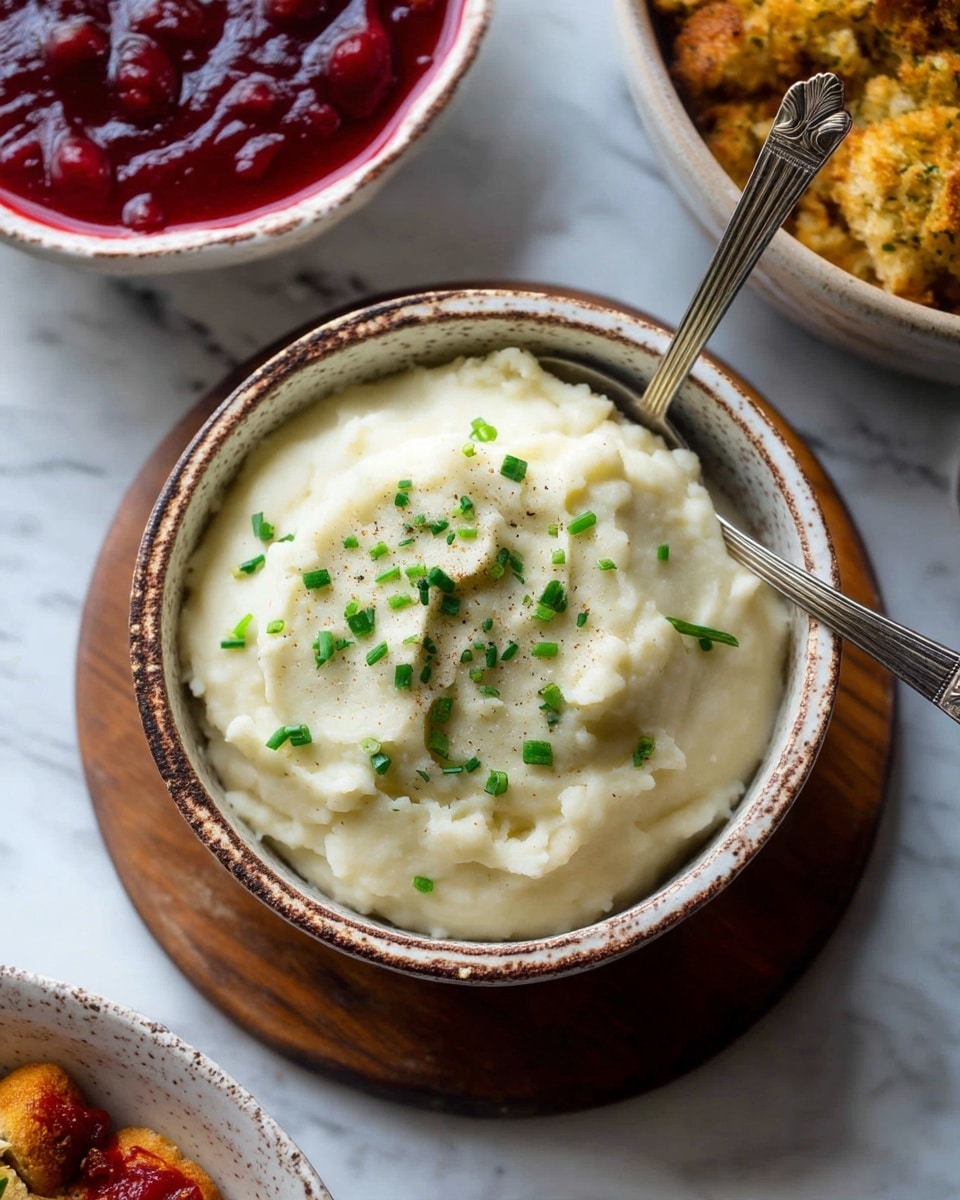 A close-up view of a bowl filled with creamy mashed potatoes topped with finely chopped green chives, adding small bright green spots on the smooth white surface. The bowl is rustic with a speckled, earthy finish and contains a silver spoon partially submerged in the mash. This bowl sits on a round wooden board, surrounded by a red sauce in a white bowl with speckles, a salt shaker, and a partially visible bowl with crumbly golden stuffing. The whole setting is on a white marbled textured background. photo taken with an iphone --ar 4:5 --v 7
