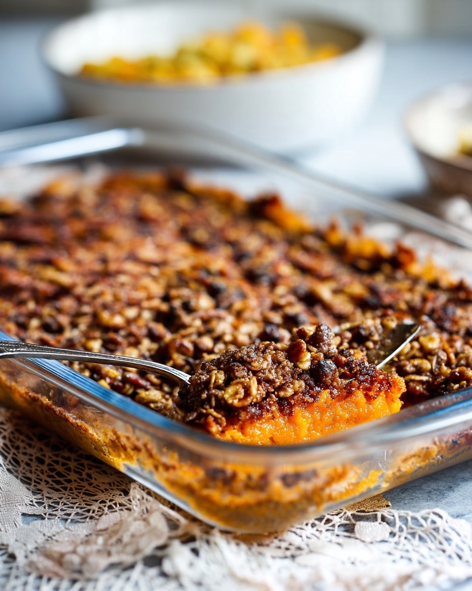 A close-up of a rectangular glass baking dish filled with three visible layers: the bottom layer is a dark orange baked mixture, the middle layer appears lighter and slightly moist, and the top layer is a textured dark brown and tan crunchy topping made of oats and nuts, some parts showing a toasted look; a silver spoon is placed inside the dish near the front left corner, and the dish rests on a white marbled textured surface covered with a white lace cloth. In the blurred background, a white bowl with a yellowish food is partially visible. photo taken with an iphone --ar 4:5 --v 7