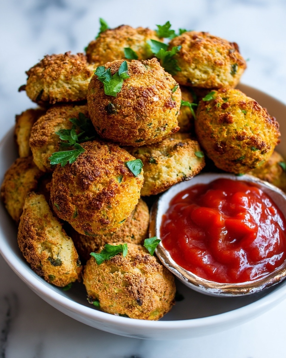 The image shows a white bowl filled with small, round, golden-brown falafel balls that have a rough, crumbly texture with some green herbs visible inside. The falafels are piled high, with chopped green parsley sprinkled on and around them for garnish. On one side of the bowl, there is a small white bowl with slightly rustic edges that holds bright red ketchup with a smooth, glossy texture. The background is a white marbled surface, and the lighting is natural, highlighting the crispy outside and color contrast. photo taken with an iphone --ar 4:5 --v 7