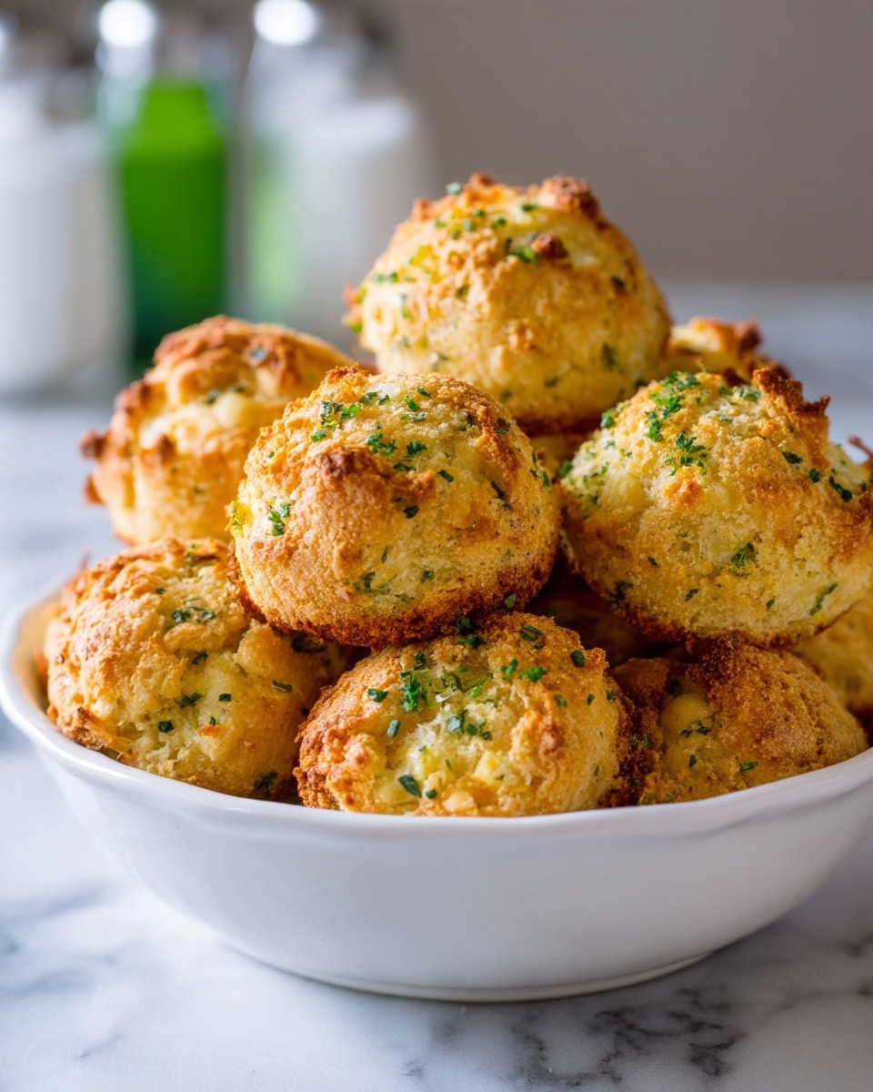 A close-up view of a white bowl filled with round, golden-brown baked balls that have a crumbly texture and small green herb bits visible on the surface. The baked balls are piled on top of each other, showing a rough, crunchy crust with shadows highlighting their uneven shape. The bowl rests on a white marbled surface with a blurred background that includes out-of-focus white and green bottles. Photo taken with an iphone --ar 4:5 --v 7