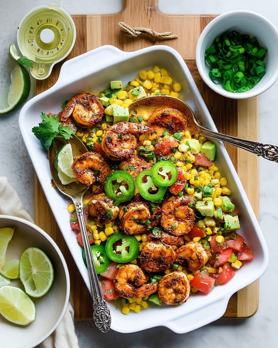 A white rectangular dish holds a colorful shrimp salad with layers of grilled corn kernels, diced bright red tomatoes, chunks of green avocado, and sprinkled chopped fresh cilantro and green onions throughout. Cooked shrimp with a golden brown, seasoned crust are scattered on top, along with slices of fresh green jalapeño and lime wedges placed on the edge. A silver spoon rests inside the dish. The dish sits on a white marbled surface surrounded by a wooden cutting board with lime wedges, a citrus juicer, a small white bowl of chopped green onions, another white bowl filled with corn, and a small bowl of seasoning powder. Photo taken with an iphone --ar 4:5 --v 7