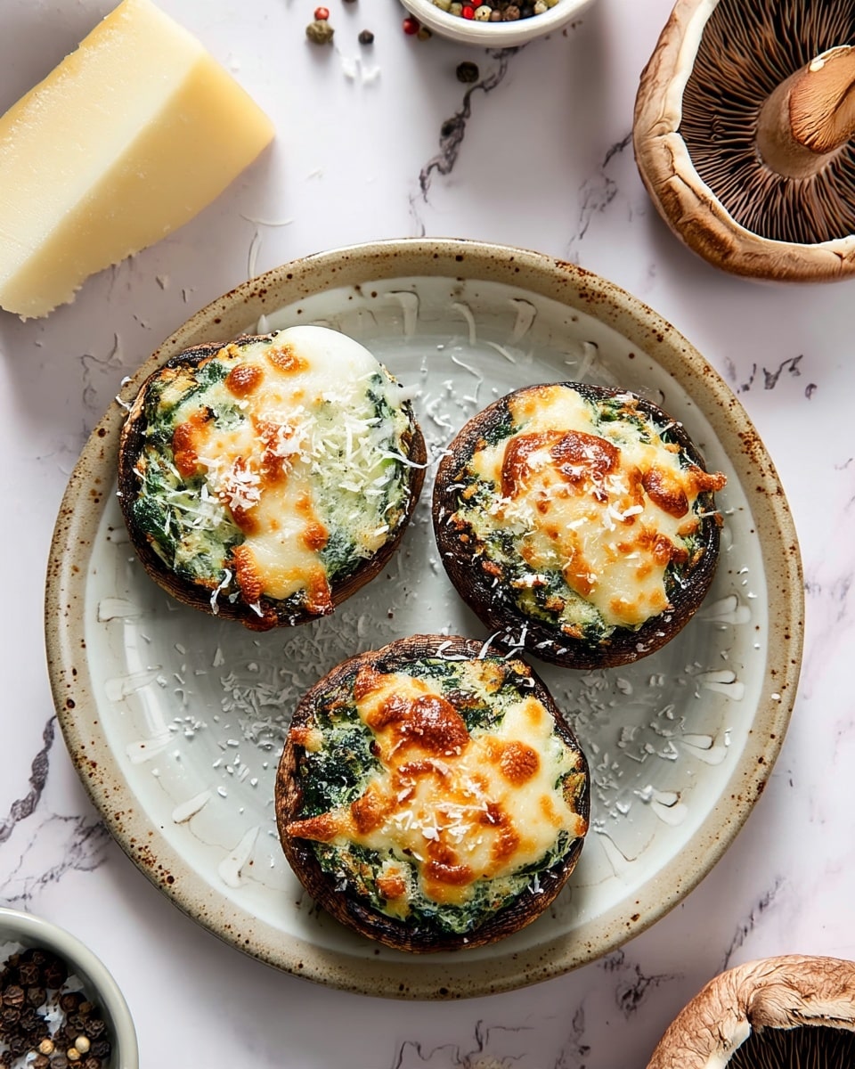 The image shows three large mushroom caps on a round white plate, each stuffed with a creamy green spinach and cheese mixture, topped with melted and slightly browned cheese, creating a bubbly golden texture on top. The mushrooms are dark brown and the stuffing fills the caps generously, showing a mix of green and white with some melted cheese stretching over the edges. Around the plate, there are two whole brown mushrooms and a wedge of pale yellow cheese on a white marbled surface, along with a small bowl containing black pepper and salt. Photo taken with an iphone --ar 4:5 --v 7