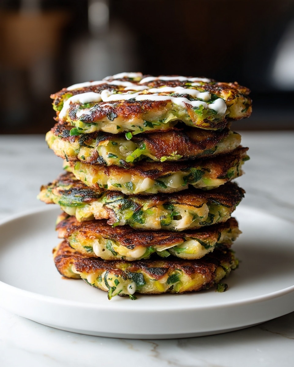 A tall stack of five golden-brown zucchini fritters sits on a white plate, each fritter showing a rough, crispy texture with visible green bits of zucchini and white corn kernels throughout. The edges are slightly darker and crispy, while the inside looks moist with a mix of light green and cream colors. A drizzle of a white creamy sauce is spread over the top fritter in thin lines. The plate rests on a white marbled surface, with a blurred dark background and some salt and pepper shakers faintly visible behind the stack. photo taken with an iphone --ar 4:5 --v 7
