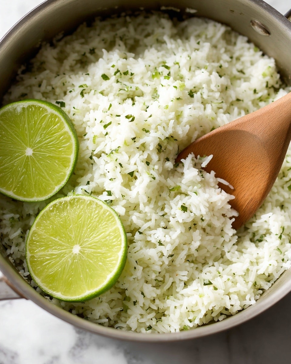 A close-up view of a pot filled with fluffy white rice mixed with small green herb flakes, giving the rice a slight speckled green look; on the left side, two lime wedges with bright green and juicy textures rest on top of the rice, while on the right side, a smooth wooden spoon stirs the rice gently. The background is a white marbled texture. photo taken with an iphone --ar 4:5 --v 7
