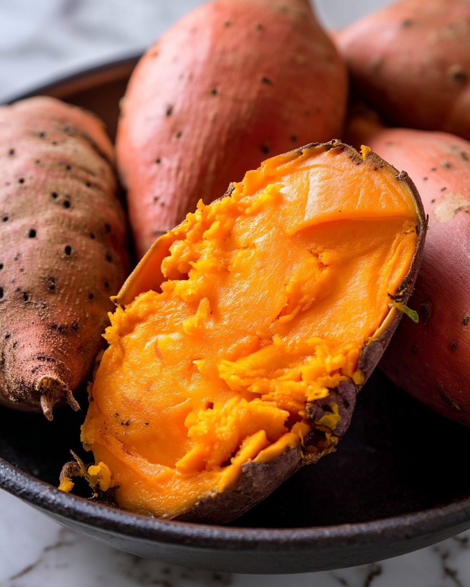The image shows two halves of a cooked sweet potato placed on a black surface, visually divided by the center line of the potato. Each half has a vibrant, smooth orange interior with a slightly rough texture near the edges, surrounded by a dark brown, thin, and rough skin. Around the cut halves, there are whole sweet potatoes in various brown shades with patches and small holes on their skin, indicating a rustic look. The focus is mainly on the bright orange, soft inside part of the sweet potatoes that contrasts deeply with their darker skin and background. photo taken with an iphone --ar 4:5 --v 7