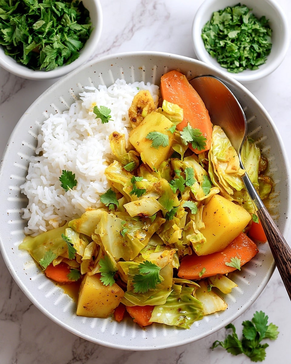 A white bowl with two main layers: on the right side, there is a layer of steamed white rice with fluffy texture and small grains. On the left side, there is a colorful mix of cooked vegetables including large, soft potato chunks in yellow, thick carrot slices in orange, and tender cabbage pieces in light green with a slight yellow tint. The vegetables are sprinkled with fresh green cilantro leaves for garnish. A metal spoon with a wooden handle rests on the edge of the bowl. The bowl is placed on a white marbled surface. photo taken with an iphone --ar 4:5 --v 7