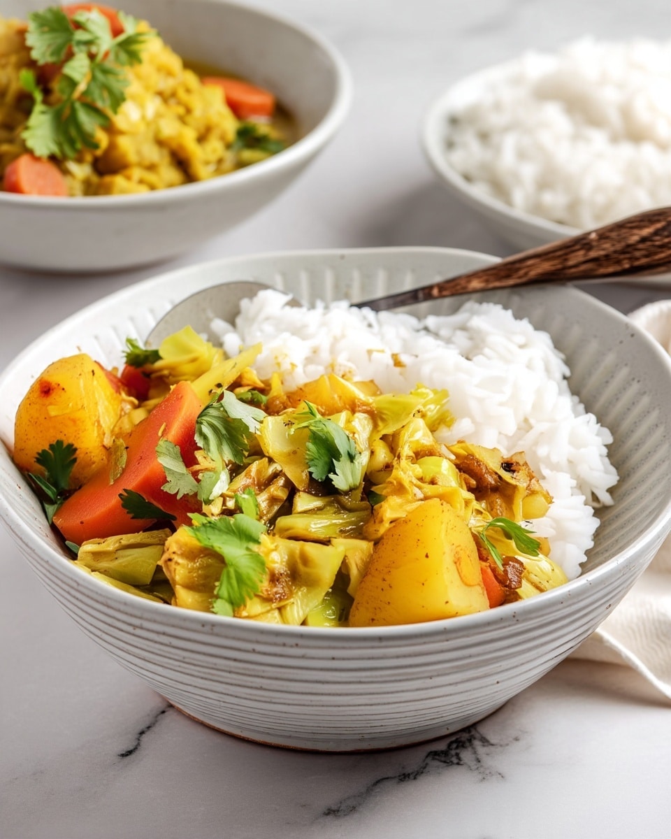 The image shows a white bowl filled with two main layers: on one side, there is a fluffy mound of white rice with individual grains visible, showing a soft texture; on the other side, there is a colorful vegetable curry composed of chunky yellow potatoes, orange carrots, and green cabbage pieces mixed with small bits of cooked onion, all coated in a golden-yellow sauce with visible spices. Fresh green cilantro leaves are sprinkled on top, adding a fresh color contrast. A metal spoon with a dark wooden handle rests inside the bowl near the rice. In the background, there are blurred white bowls containing similar food, all placed on a white marbled surface. photo taken with an iphone --ar 4:5 --v 7