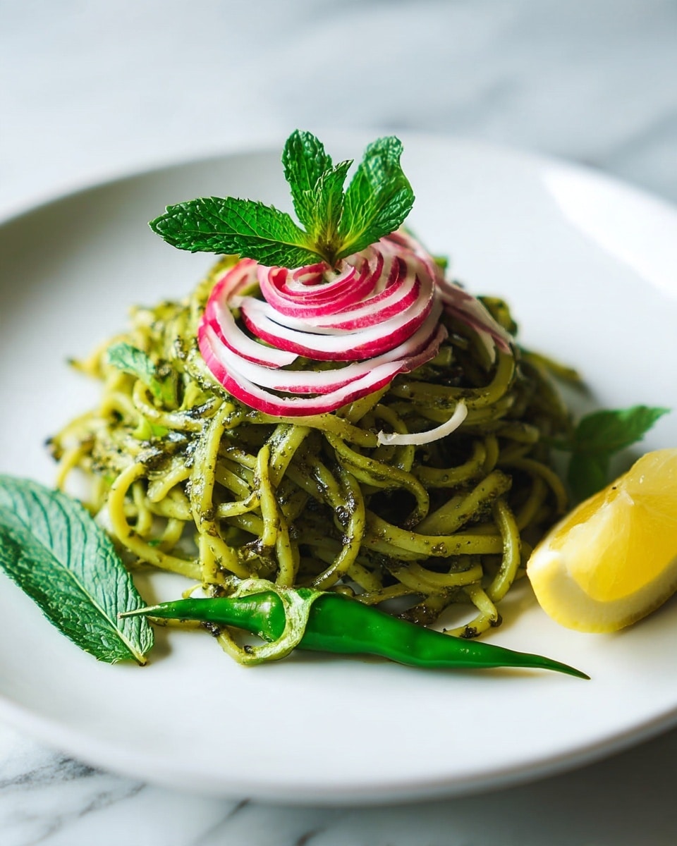 A plate with a mound of green pesto spaghetti noodles as the main layer, sprinkled with grated cheese and fresh mint leaves spread through and on top; thin slices of red and white onions crown the top and are also scattered around the base of the noodles, adding a crisp texture and slight color contrast; a light yellow lemon wedge is placed to the right side of the noodles; a silver fork rests on the left side of the white plate, all set against a white marbled surface background with soft natural light. photo taken with an iphone --ar 4:5 --v 7