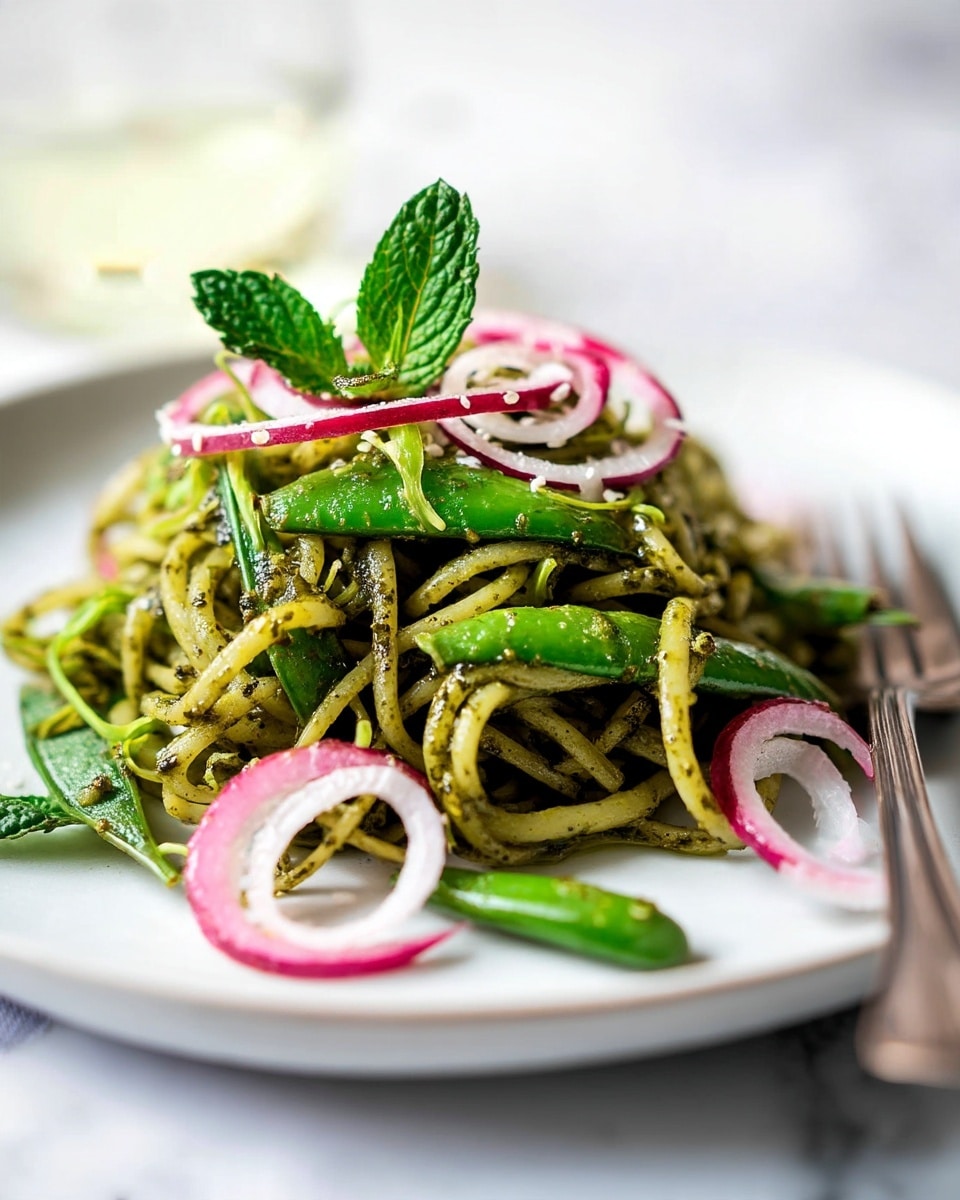 A close-up view of a serving of green pasta coils layered with bright green snap peas mixed throughout. On top, there are thin rings of fresh red and white onions adding a pop of color. Small green mint leaves are also placed near the top of the pasta for a fresh look. The dish is lightly sprinkled with grated white cheese, creating small specks over the top. The food sits in a shallow white bowl on a white marbled surface with a vintage silver fork resting beside it, softly blurred in the background. photo taken with an iphone --ar 4:5 --v 7