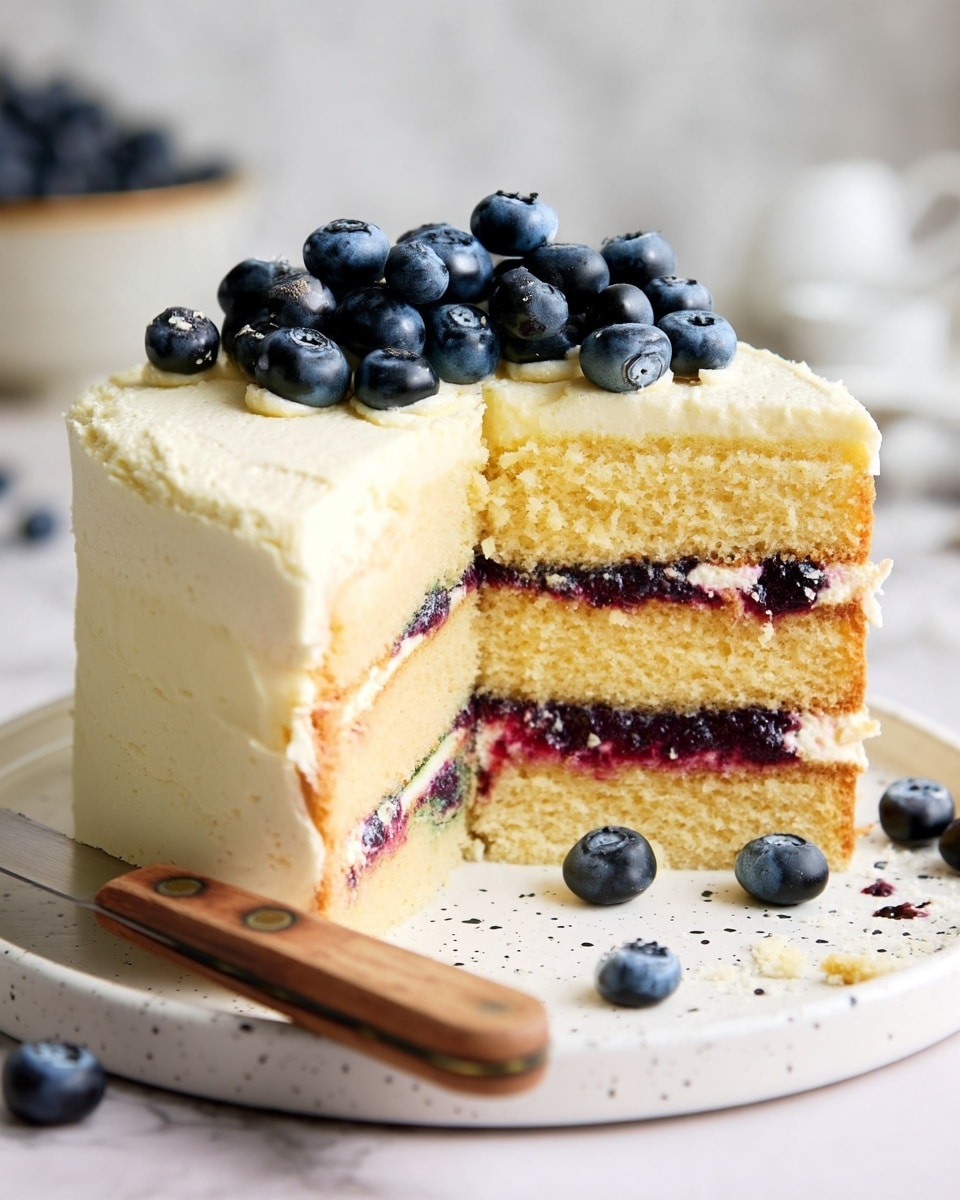 The image shows a three-layer vanilla cake with light creamy frosting covering the entire cake. The top of the cake is decorated with a small cluster of fresh blueberries in the center. The middle layer has a thin spread of blueberry filling visible between the light yellow cake layers. The cake is placed on a white plate with black speckles, standing on a white marbled surface. A knife with a wooden handle and some crumbs, along with a few loose blueberries, rests on the plate beside the cake. Photo taken with an iphone --ar 4:5 --v 7