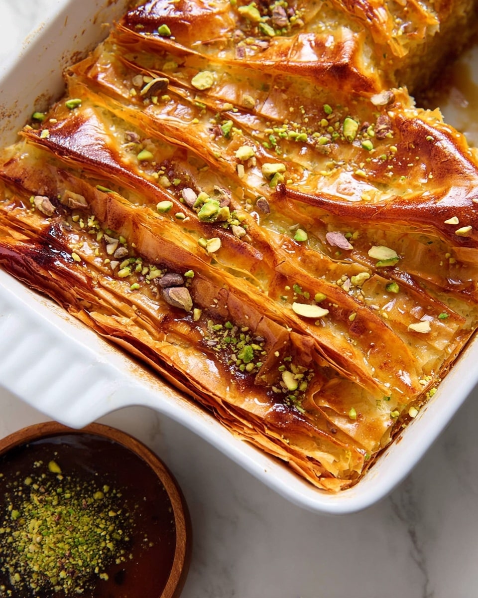 A close-up of a large white rectangular baking dish filled with a golden brown, crispy layered dessert made of very thin sheets that are stacked unevenly, showing about 20 to 25 crunchy layers. The top layer is shiny with a caramelized glaze and scattered small green chopped pistachio nuts. The edges of some layers are darker and slightly burnt, adding texture contrast. There is a small glimpse of a brown bowl beside the dish with a thick dark sauce topped with pistachio nuts, all set on a white marbled surface. photo taken with an iphone --ar 4:5 --v 7
