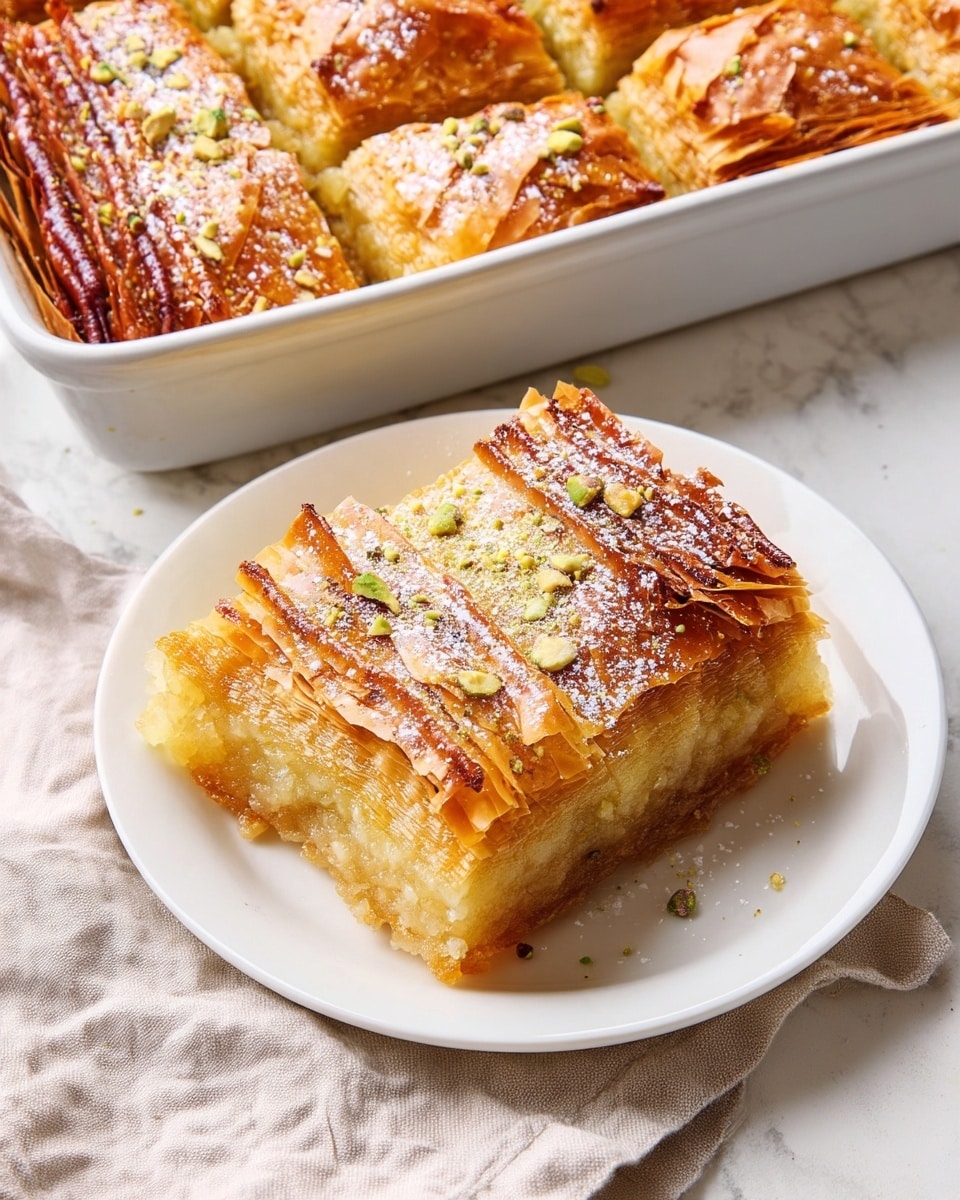 The image shows a piece of baklava on a white plate placed on a white marbled surface. The baklava has multiple thin layers of golden-brown crispy phyllo dough on top, with a glossy texture and a few pieces slightly darker from baking. The inside has soft, light yellow layers that look moist and filled with a sweet mixture. The top is sprinkled with crushed green pistachios and a light dusting of powdered sugar, adding texture and color contrast. The main dish, a baking dish with more of the same layered baklava, is partially visible on the upper left, showing similarly crispy layers and powdered sugar. A beige textured cloth napkin is placed on the bottom right near the plate. photo taken with an iphone --ar 4:5 --v 7