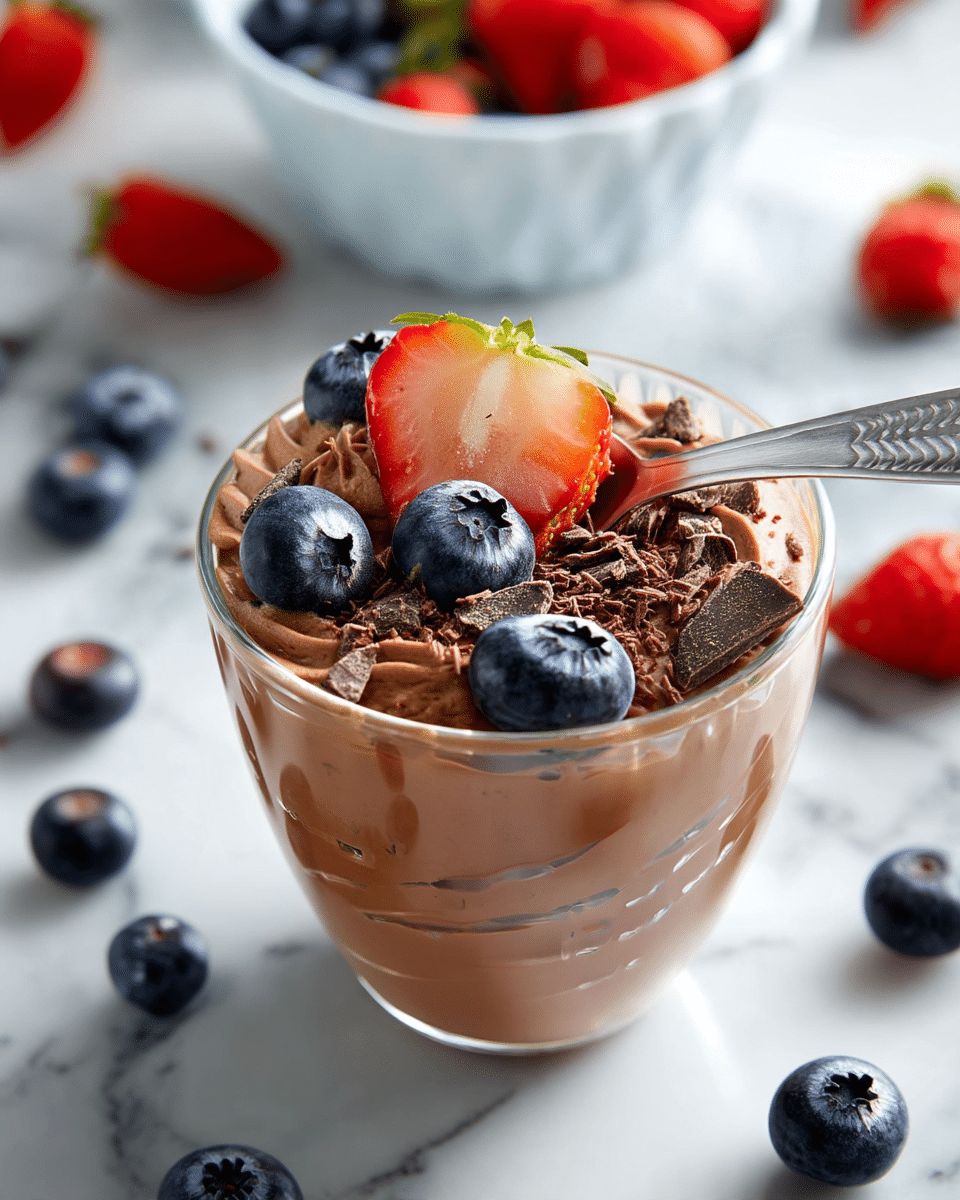 A clear glass filled with creamy light brown chocolate mousse with a smooth texture, topped with a swirl of darker chocolate mousse decorated with a halved red strawberry with green leaves in the center and several plump, deep blue blueberries scattered around, along with a few small pieces of dark chocolate sprinkled on top, all placed on a white plate that sits on a white marbled surface, with a blurred second similar mousse glass and a white bowl of mixed strawberries and blueberries in the background. photo taken with an iphone --ar 4:5 --v 7