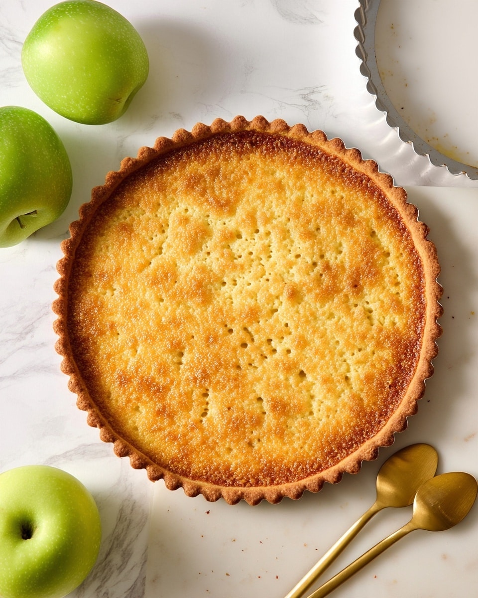 A golden-brown tart crust with a scalloped edge sits flat on a white marbled surface, showing a lightly textured, crumbly top layer with small perforations. Near the tart are two whole green apples, one placed on the top left and the other at the bottom center of the scene. To the right of the tart, there are two shiny gold spoons placed side by side, and above them is the edge of a white tart pan with a fluted rim. The overall setting is clean and bright with simple, soft lighting. photo taken with an iphone --ar 4:5 --v 7