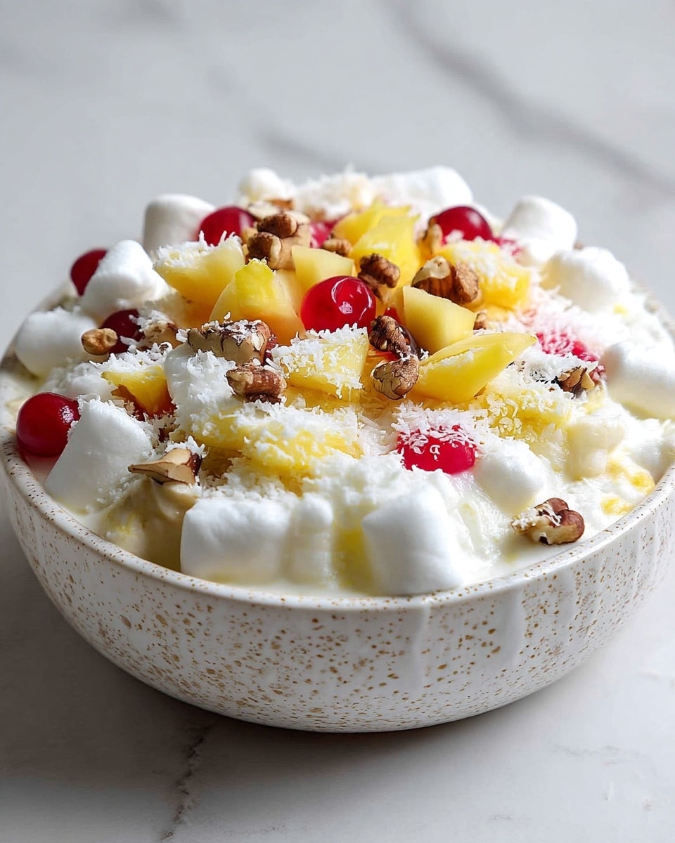 A close-up of a dessert in a speckled bowl featuring three main layers, starting with a base of soft, chunky white cream with a light, fluffy texture. On top are small chunks of bright yellow pineapple and bright red cherry pieces scattered around. This layer is dotted with rough-textured brown walnut pieces. The dish is finished with a light dusting of fine white shredded coconut spread all over. The bowl sits on a white marbled surface. photo taken with an iphone --ar 4:5 --v 7