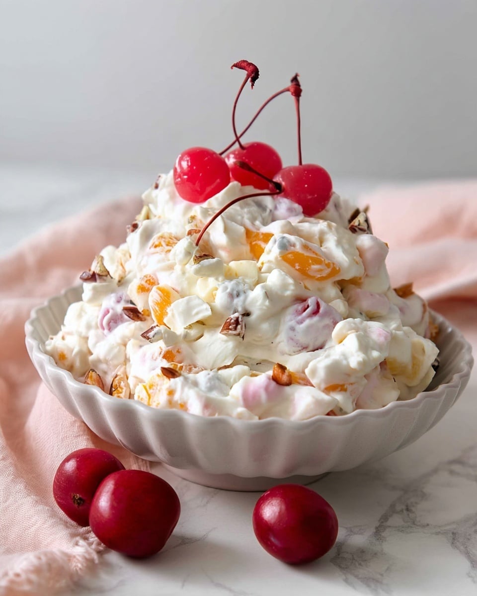 A white scalloped bowl holds a mound of creamy, fluffy white salad mixed with bright orange fruit pieces and small pink marshmallows scattered throughout. Tiny pieces of chopped brown nuts are sprinkled on top, adding texture. Three shiny red cherries with long stems crown the top and sides of the mix. The bowl sits on a white marbled surface with a soft pink cloth blurred in the background. Photo taken with an iphone --ar 4:5 --v 7
