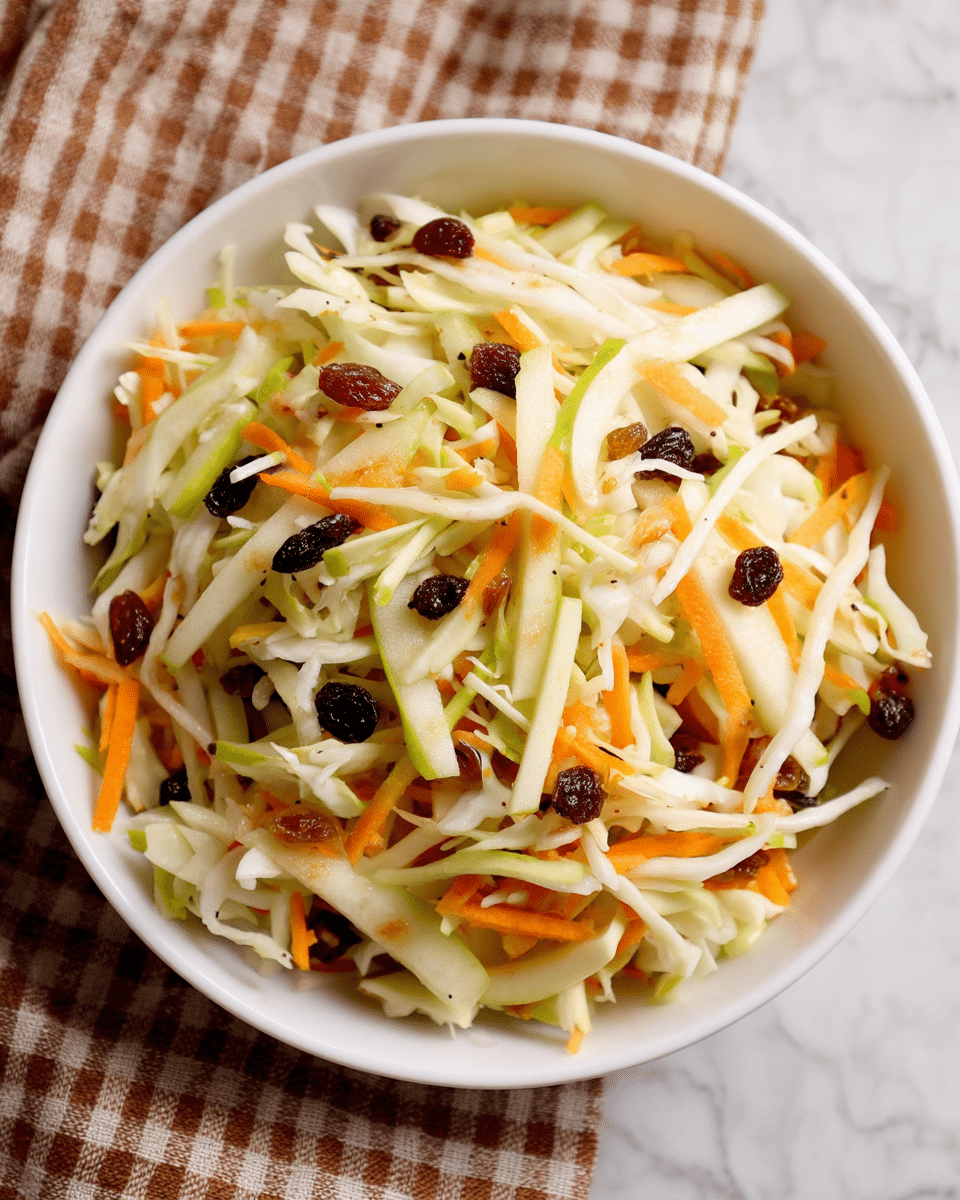 A white bowl filled with a fresh coleslaw mix showing multiple layers: the bottom and main layer consists of thinly shredded pale green and white cabbage, scattered throughout are thin julienne strips of bright orange carrot, and thin slices of light green apple. Tiny dark dried raisins are spread unevenly over the top. The texture is crisp and fresh with the colors light and natural, all placed on a white marbled surface with a brown and white checkered cloth next to the bowl. Photo taken with an iphone --ar 4:5 --v 7