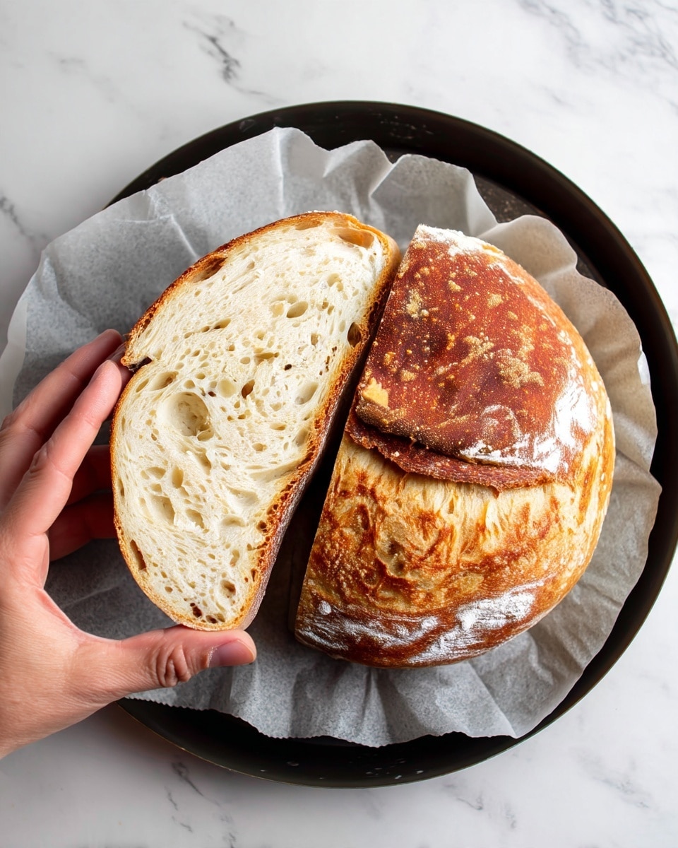 A round loaf of bread is cut into two halves and placed on a white parchment paper inside a dark round tray, which sits on a white marbled surface. One half of the bread shows the soft, light beige inside with visible air pockets, and the crust is golden brown with a rough texture. A woman's hand is holding the inside slice gently from the left side, showing the thickness of the bread. The other half shows the crust side facing up, toasted with a mix of brown and white flour dusting. The photo has a simple, clean look with soft natural lighting. photo taken with an iphone --ar 4:5 --v 7