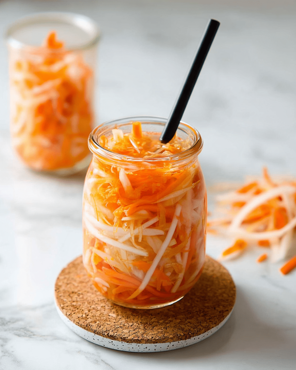 A small clear glass jar filled with thinly shredded white and orange vegetable strips soaked in a light orange liquid. The shredded pieces are layered loosely with white strips mostly at the bottom and orange strips mixed throughout. A black straw is placed inside the jar. The jar sits on a round cork coaster, which is on a taller white speckled ceramic base. An additional jar with the same contents is blurred in the background to the right. Several shredded vegetable strips lie scattered on the white marbled surface to the left of the jar. photo taken with an iphone --ar 4:5 --v 7