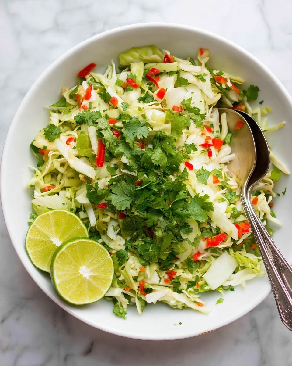 A white bowl filled with a colorful shredded cabbage salad sits on a white marbled surface, with two silver spoons resting on the right side inside the bowl. The salad has three main layers: the bottom layer is light green and white shredded cabbage, the middle layer contains small bits of red chili peppers mixed throughout, and the top layer is generous sprinkles of chopped fresh dark green cilantro. Two squeezed lemon halves are placed on the left side inside the bowl. Fresh cilantro sprigs are scattered around the bowl on the surface. photo taken with an iphone --ar 4:5 --v 7