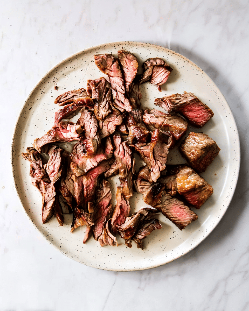 On a round white speckled plate sitting on a white marbled surface, there is a single layer of sliced grilled steak. The steak pieces vary in size and shape, showing a mix of brown outer edges with a pink center, indicating medium cooking. The texture of the steak is slightly charred with visible grill marks, and the slices are arranged loosely across the plate, some overlapping a little. The overall color palette includes rich browns, subtle pinks, and a natural grilled texture. photo taken with an iphone --ar 4:5 --v 7