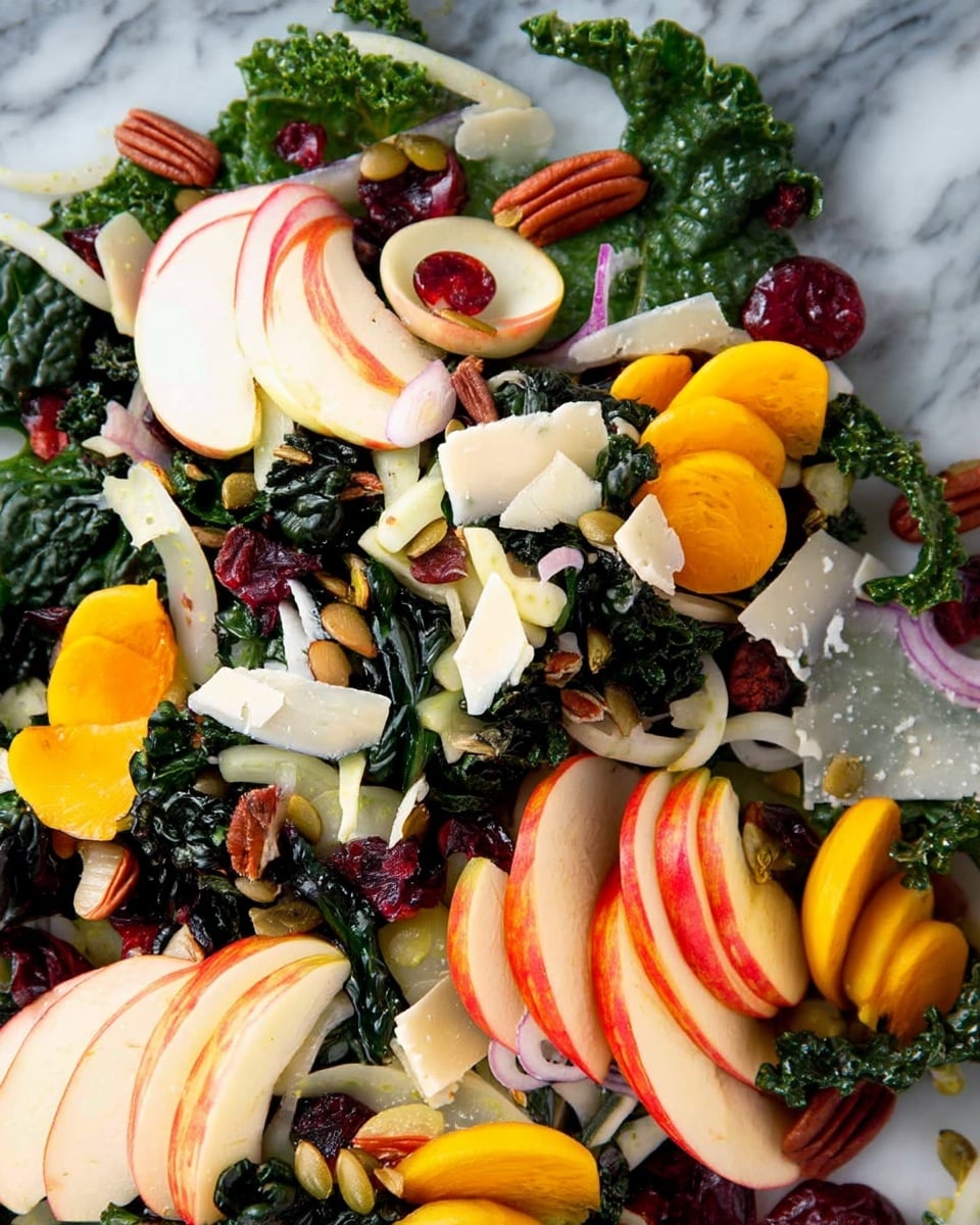 Two white plates hold fresh salads on a white marbled surface with a pink cloth nearby. Each salad has a base layer of dark green kale leaves. On top are thin slices of cream-colored apples fanned out neatly on one side and bright orange slices of persimmon arranged closely in the middle. Scattered around are small pieces of white cheese shavings, reddish dried cranberries, light brown nuts and seeds, and bits of thinly sliced shallots. A gold fork rests on the bottom salad plate. Next to the plates is a dark green patterned glass filled with water, and small wooden bowls hold white coarse salt and a creamy yellow dressing. photo taken with an iphone --ar 4:5 --v 7