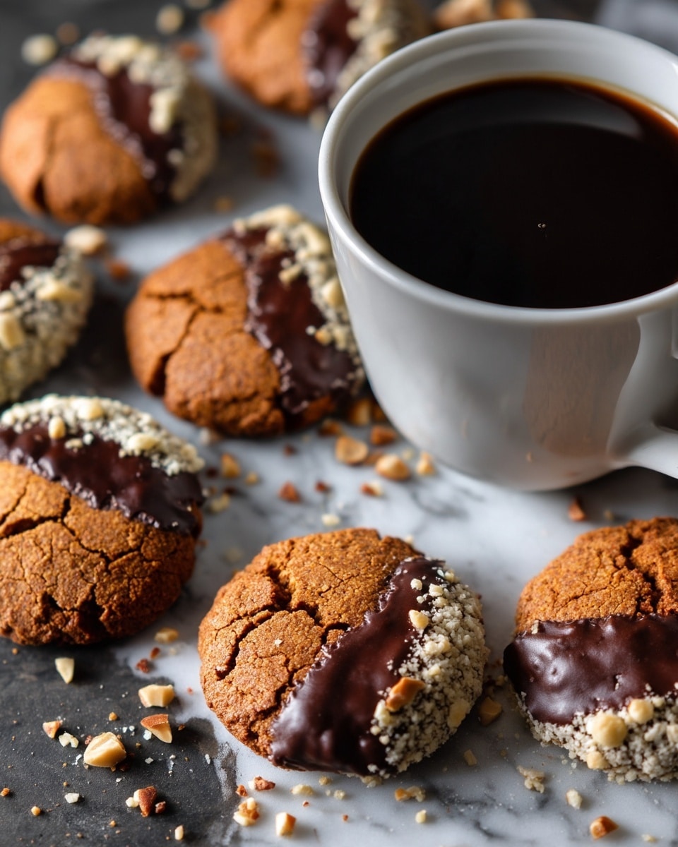 The image shows several round cookies with a cracked, crumbly texture and a warm brown color, each dipped halfway into a glossy dark chocolate layer that coats one side and is edged with crushed nuts, adding a light beige crunch contrast. The cookies lay scattered on a dark surface next to a white ceramic cup filled with dark coffee, and the background is softly blurred with a white marbled texture, creating a cozy and inviting scene. photo taken with an iphone --ar 4:5 --v 7
