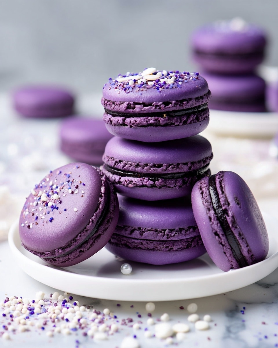 A close-up image shows a pile of five purple macarons with smooth tops and ruffled edges, each sandwiching a dark purple filling, arranged with three stacked vertically on a simple white plate and one leaning against them, while two more macarons rest on a white marbled surface nearby, with tiny white and purple sprinkles scattered around. photo taken with an iphone --ar 4:5 --v 7