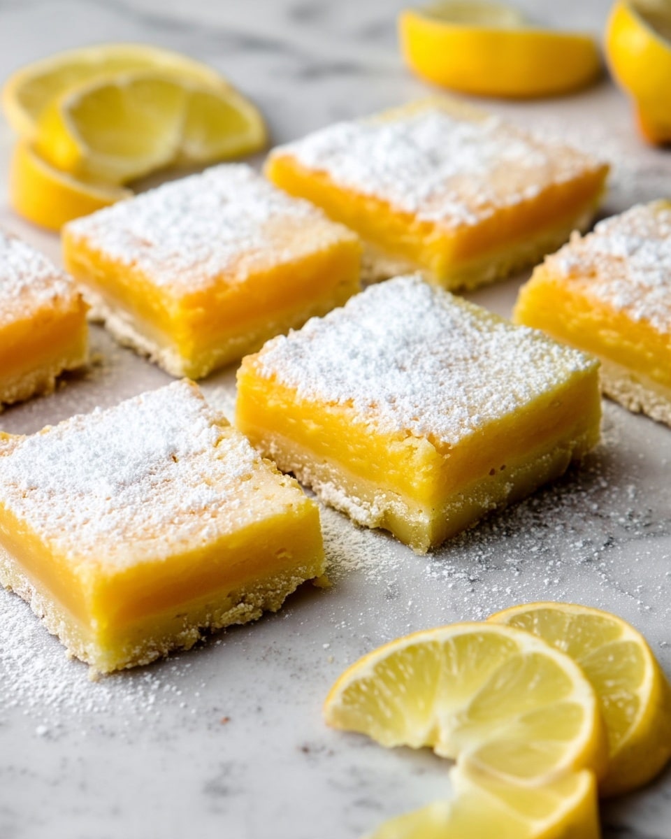 Several square lemon bars are arranged in neat rows on a white marbled surface. Each bar has two clear layers: a pale, crumbly base on the bottom and a bright yellow, smooth lemon topping. The top is dusted evenly with white powdered sugar. Around the bars, there are wedges of fresh lemon placed casually. The image focuses closely on the bars, showing the texture of the crust and the softness of the lemon layer. Photo taken with an iphone --ar 4:5 --v 7