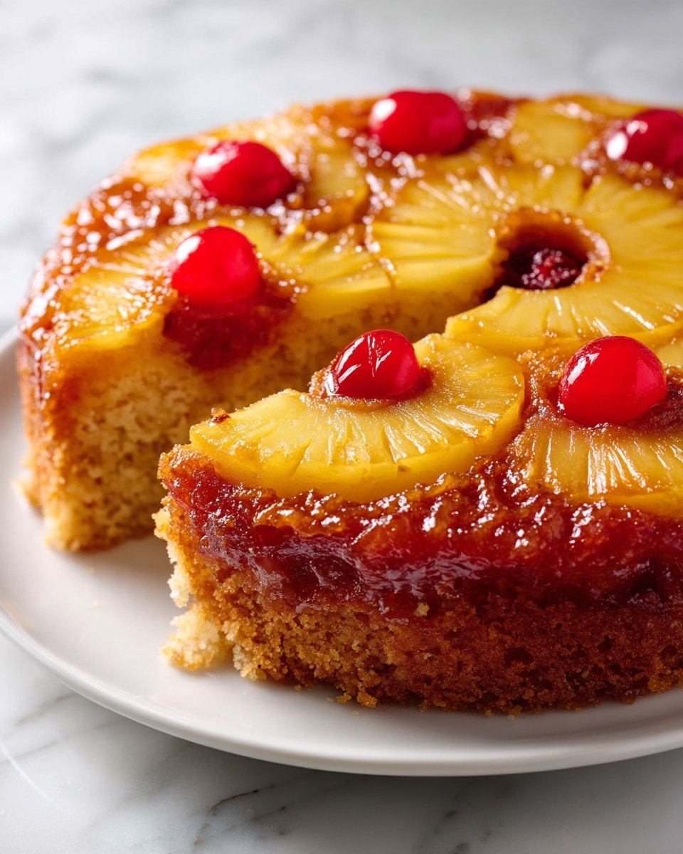 This image shows a close-up of a pineapple upside-down cake with three visible layers: the top layer has shiny, yellow pineapple rings each with a red cherry in the center, arranged closely with some juicy glaze shining on them; below the pineapples is a thin, golden-brown caramelized layer that looks crisp; the bottom layer is a soft, light brown cake base that peeks out where a slice has been removed, showing the cake's crumbly texture. The cake sits on a white plate with specks, placed on a white marbled surface. photo taken with an iphone --ar 4:5 --v 7