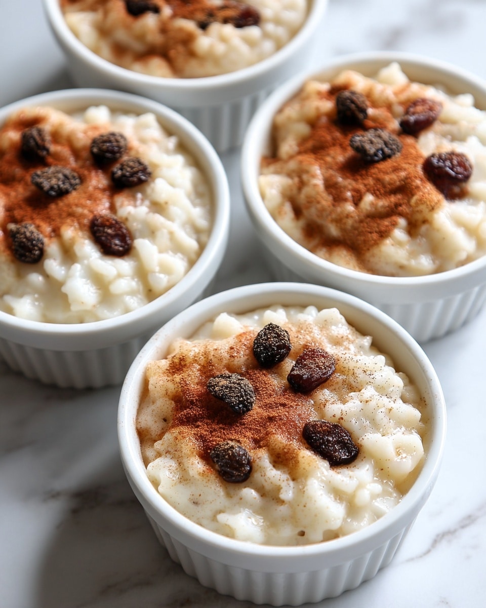 A close-up top view of creamy rice pudding in white ramekin bowls, filled with soft, light beige rice pudding. Each bowl is sprinkled with light brown cinnamon powder, and a few dark brown raisins sit on top, contrasting with the creamy texture of the pudding. The ramekins rest on a white marbled surface, with a gold spoon holding more cinnamon powder visible on the top left corner, and parts of other bowls visible at the edges. photo taken with an iphone --ar 4:5 --v 7