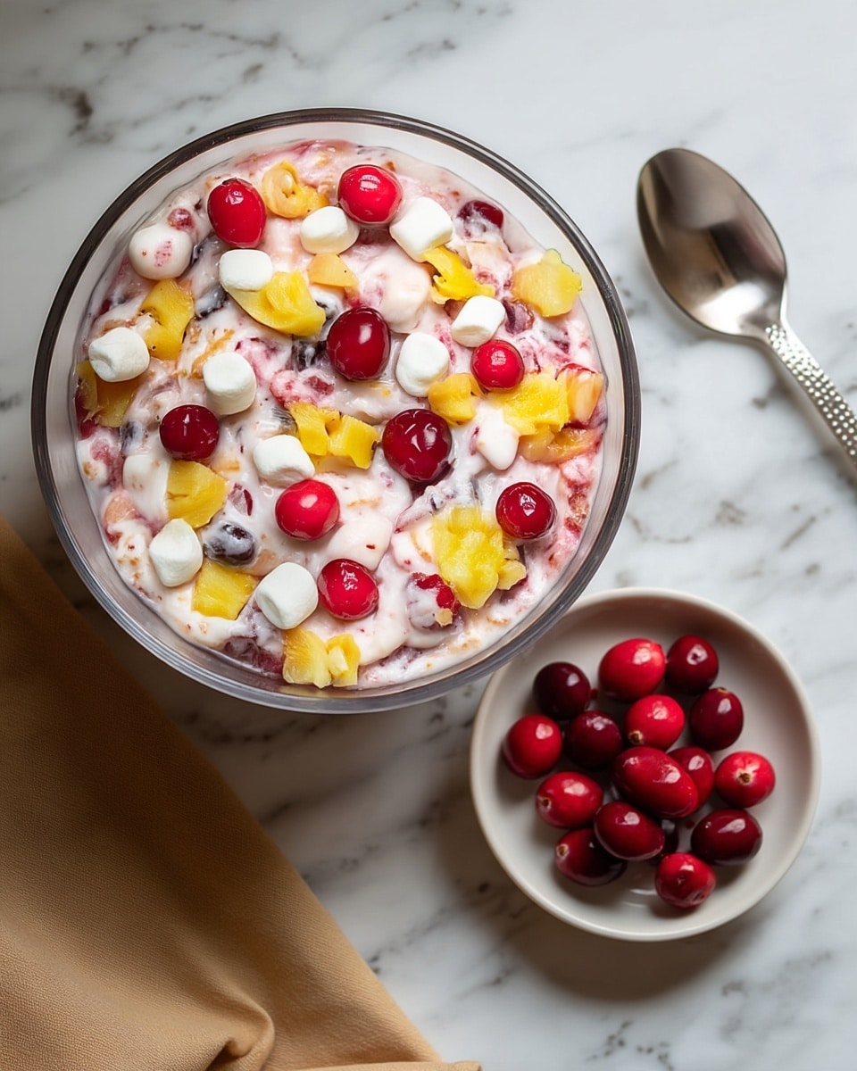 A clear bowl filled with a creamy mixture that has visible pink and white swirls, dotted with bright red cranberries, small white marshmallows, and pieces of yellow pineapple evenly spread on the top. Next to the bowl, there is a small white plate holding more red cranberries. The bowl and plate sit on a white marbled surface, with a silver spoon placed to the right of the bowl and a beige cloth partially visible in the lower left corner. photo taken with an iphone --ar 4:5 --v 7