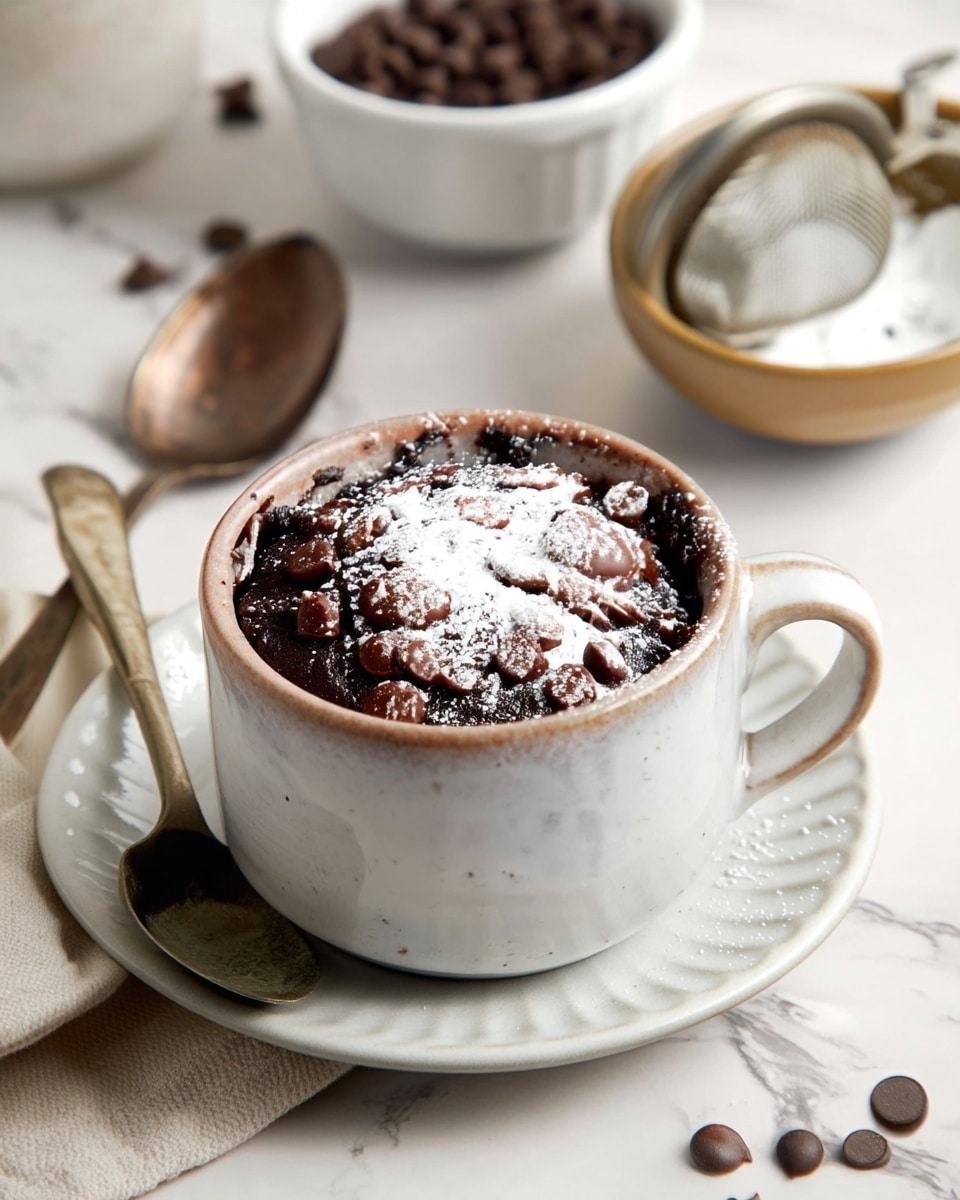 A white ceramic mug filled with a dark, fudgy chocolate dessert showing a rich, slightly cracked top layer sprinkled with shiny chocolate chips and a light dusting of white powdered sugar in the center; the mug sits on a white saucer with a textured rim, placed on a white marbled surface; to the left, there is a tarnished silver spoon resting on a beige cloth, and in the background, two bowls—one white speckled holding chocolate chips and another white filled with powdered sugar and a metal strainer—are slightly out of focus, with scattered chocolate chips near the mug. photo taken with an iphone --ar 4:5 --v 7