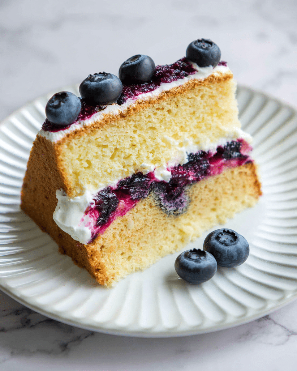 A slice of two-layer vanilla cake with a light golden brown crust and fluffy pale yellow inside is placed on a white plate with ridged edges. Each cake layer contains scattered fresh dark purple blueberries that add a burst of color. Between the layers, there is a thin spread of white cream and a layer of blueberry filling with a mix of dark purple and reddish hues. Three fresh blueberries rest beside the cake slice on the plate. The scene is set on a white marbled texture. Photo taken with an iphone --ar 4:5 --v 7