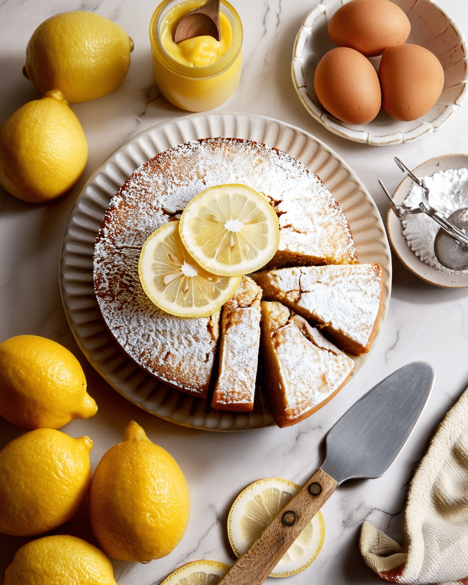 A round lemon cake dusted with powdered sugar sits on a white plate with gentle ridges, with three lemon slices arranged neatly on top near the center. The cake is cut into five slices, with two slices slightly separated from the rest, showing a soft, light brown textured interior. To the right of the plate is a spatula with a wooden handle and silver blade, resting on a white marbled surface. Surrounding the plate are fresh whole lemons, a small glass jar filled with yellow lemon curd and a wooden spoon inside it, a few brown eggs on a white plate, and a small bowl of powdered sugar with a sifter on top. Additional lemon slices are scattered around on the white marbled surface, along with a beige cloth with a red detail. photo taken with an iphone --ar 4:5 --v 7