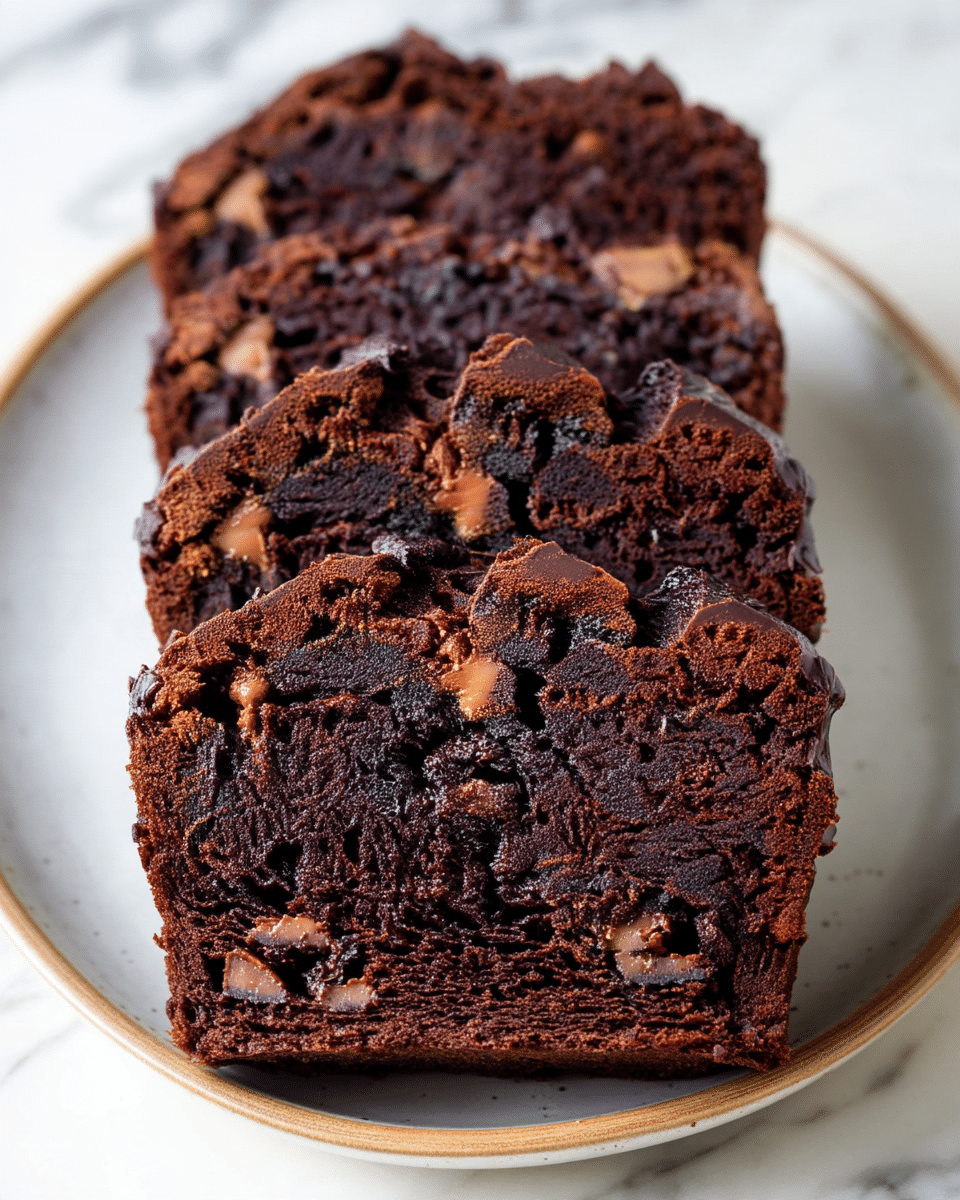The image shows four thick slices of dark chocolate cake arranged in a row on a white plate with a fine brown edge, placed on a white marbled surface. Each slice has a rich, moist texture with visible chunks of lighter brown chocolate inside. The top of the cake has a slightly cracked, glossy crust with darker and lighter shades of chocolate brown, adding depth and contrast. The layers inside the slices are dense and uniform in color, mostly deep brown with scattered chocolate bits. Photo taken with an iphone --ar 4:5 --v 7