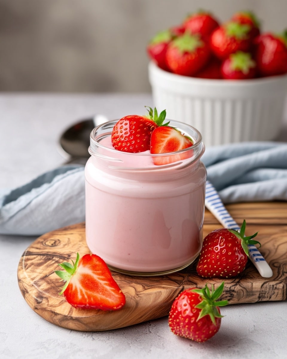 A clear glass jar filled with smooth, light pink strawberry yogurt topped with two fresh bright red strawberries, one whole and one sliced in half, placed on top. The jar sits on a textured, natural wooden board with two additional whole strawberries at the front and side. In the background, a white bowl filled with more fresh strawberries is slightly out of focus, resting near a light gray cloth and a spoon with a blue and white striped handle. The whole scene is set on a white marbled surface. Photo taken with an iphone --ar 4:5 --v 7
