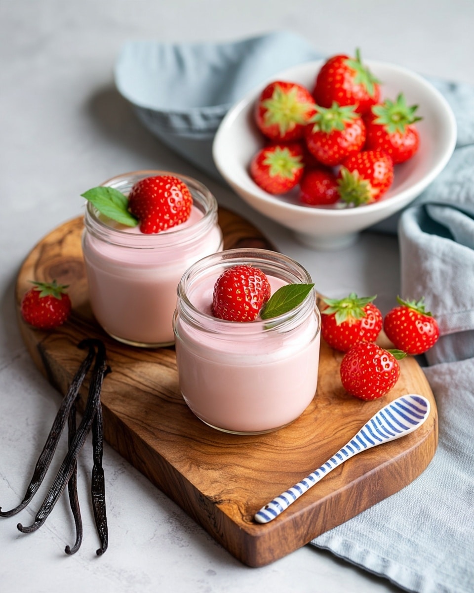 Two small glass jars sit on a narrow wooden board with natural grain, each filled with a smooth, light pink strawberry yogurt topped with one whole red strawberry and one strawberry half with green leaves. To the right is a white bowl full of fresh bright red strawberries with green leaves, placed partly on a soft light blue cloth on a white marbled surface. Around the jars and bowl are three loose strawberries and two long, dark vanilla pods, with a white spoon patterned with blue stripes resting on the wooden board below the jars. Photo taken with an iphone --ar 4:5 --v 7