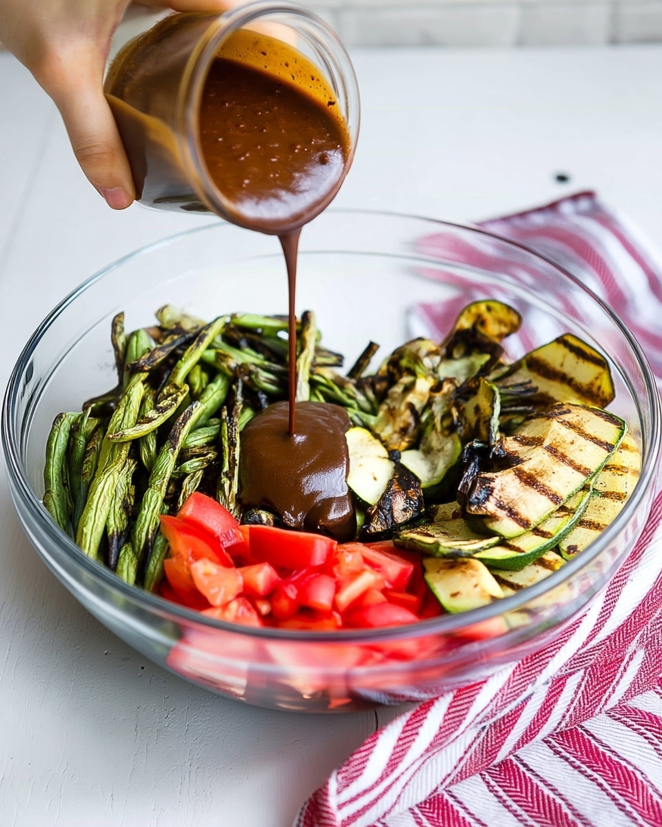 A woman's hand is pouring thick, dark brown sauce from a small glass jar into a large clear glass bowl filled with three main food layers: bright red chopped tomatoes at the bottom front, lightly charred green beans to the left, and grilled, dark-edged slices of zucchini on the right; the bowl is placed on a white marbled surface with a red and white striped cloth nearby and a small salt shaker partially visible at the lower left corner. photo taken with an iphone --ar 4:5 --v 7