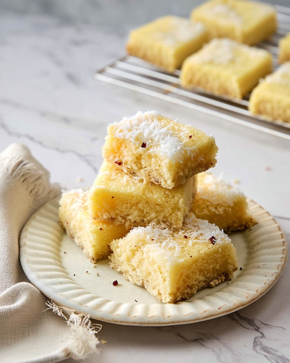 A beige ridged white plate holds five square yellow cake bars stacked casually, each topped with a dusting of white coconut flakes and a light sprinkle of brown powder. The bars have a soft, crumbly texture with a golden base layer. More bars rest on a cooling rack and directly on a white marbled surface in the background, along with a loosely folded light beige cloth draped beneath the plate. Photo taken with an iphone --ar 4:5 --v 7